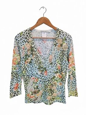 Y2K Alberto Makali Leopard Floral Top Embroidered Appliqué Long Sleeve Large